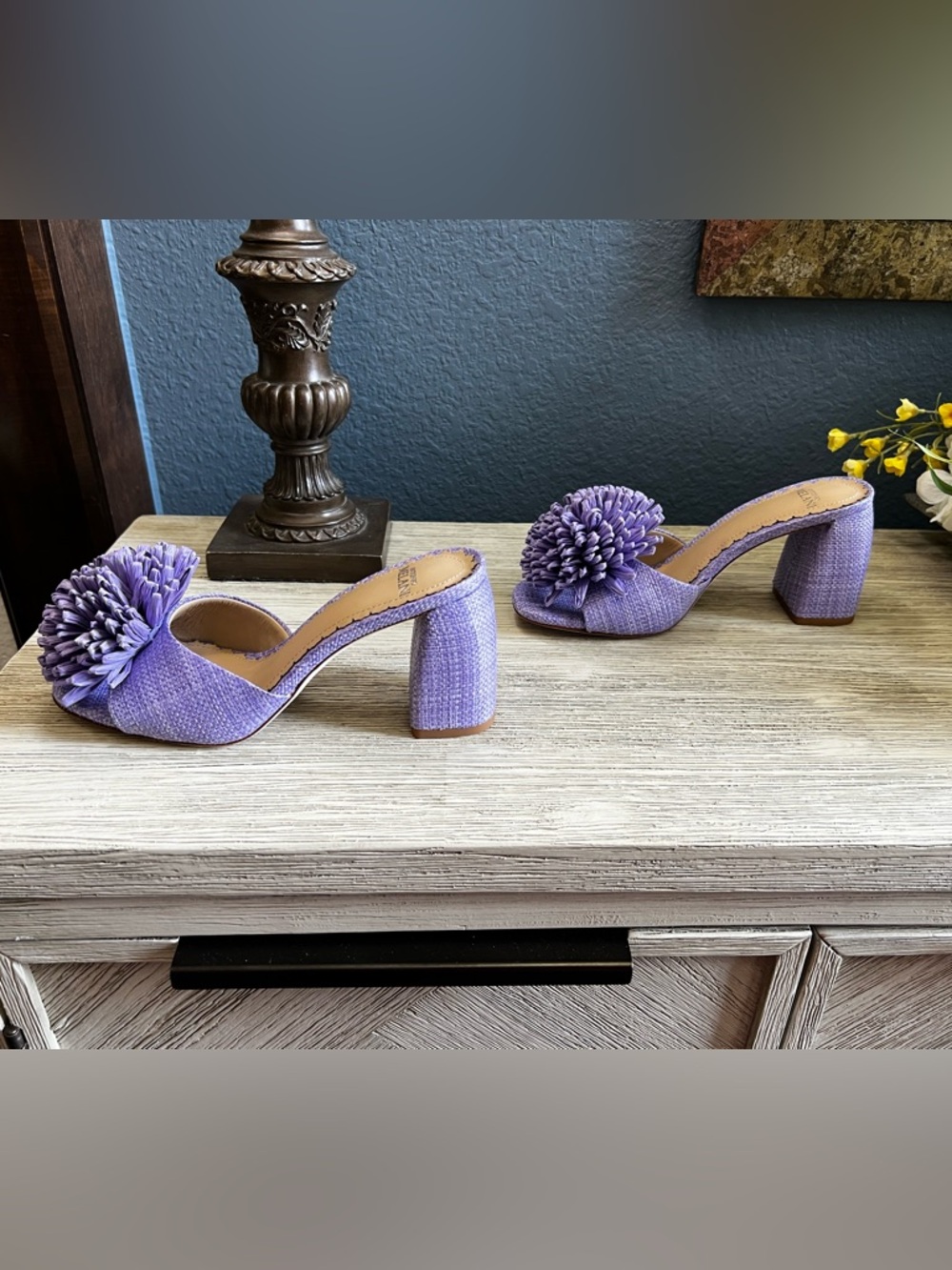 NEW!!! Never Worn ANTONIO MELANI Glora Raffia Lilac Pom-Pom Block Heels - Picture 5 of 8